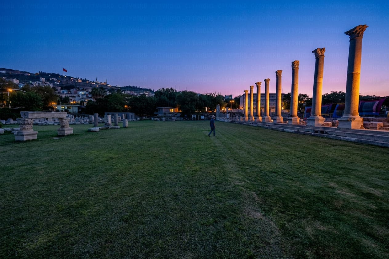 Ancient columns of the Agora in İzmir at dusk